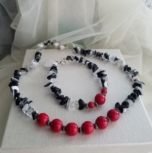 Genuine Black & White Zebra Jasper Gemstone Red Choker & Bracelet 2-pc SET NWT